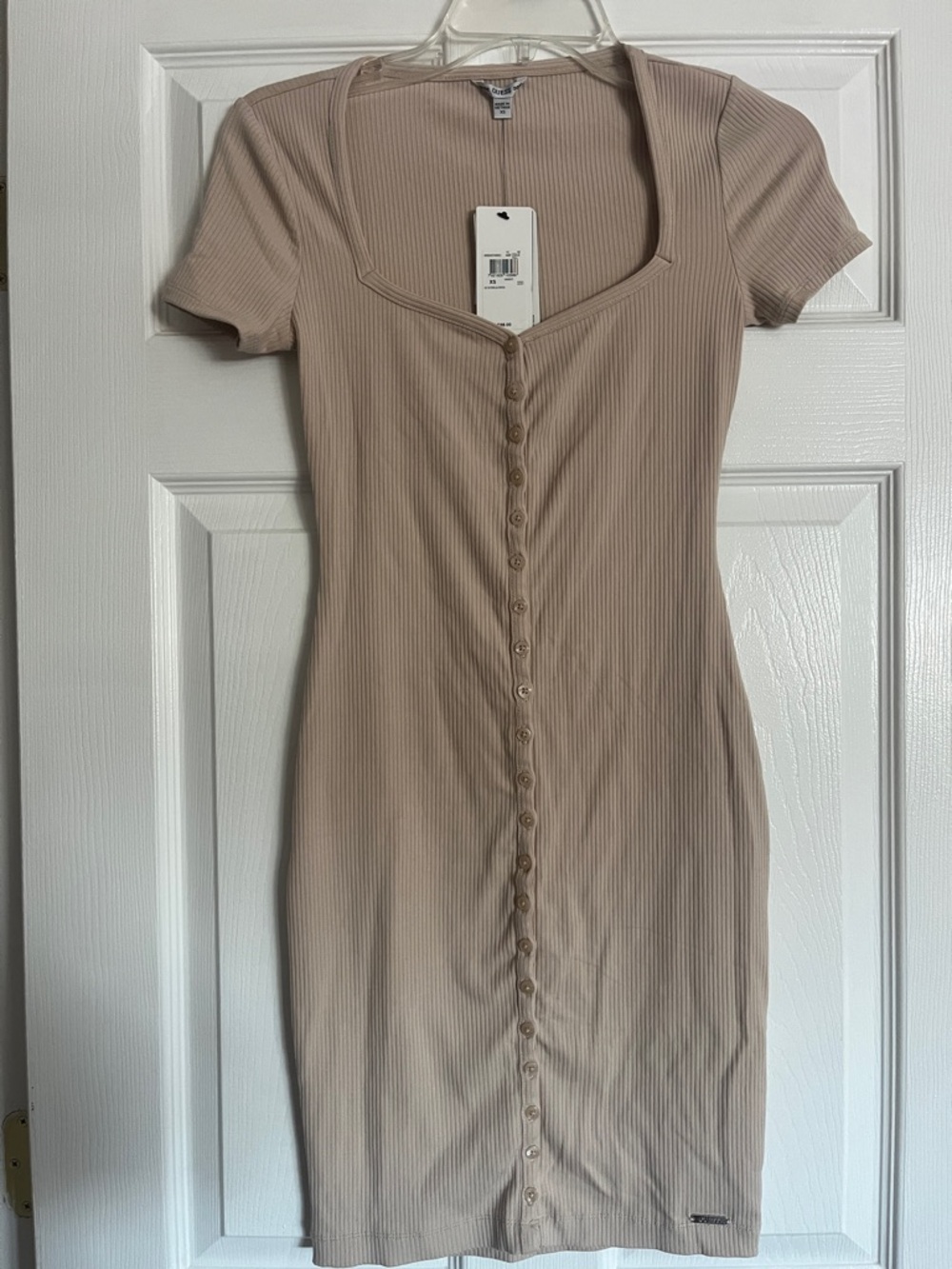 GUESS Ribbed Button-Front Bodycon Dress in Nude